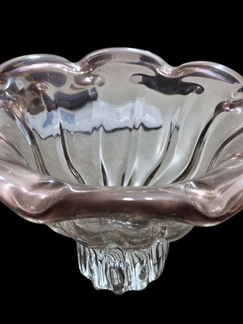 Handblown Glass Bowl with Pale Pink Rim - Elegant Decorative Centerpiece